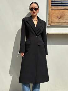 DAZY Lapel Neck Double Button Longline Blazer, Fall Women Clothes Business Attire - Black - View 4