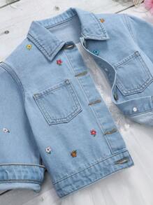 Young Girl 1pc Floral Embroidery Denim Jacket - Light Wash - View 3
