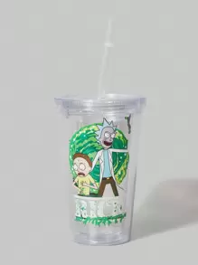 Rick and Morty | ROMWE 1入組平底無腳杯,可愛卡通圖案可水洗帶蓋瓶 - 無色 - 查看 1