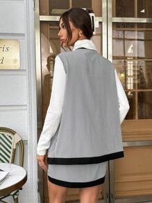 SHEIN Privé 雙色格子拼接邊前紐扣外套馬甲&半身裙不帶T恤 - 黑與白 - 查看 2