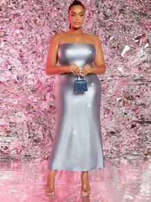 SHEIN SXY 大碼素色PU皮革抹胸洋裝 - 銀色 - 查看 1