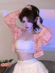 DAZY Solid Open Knit Crop Jacket Sheer - Pink - View 3