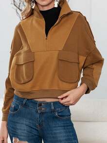 CILKOO Sudadera con bolsillo con solapa con cremallera media de hombros caídos - Marrón - Ver 5