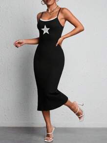 SHEIN PETITE Star Print Contrast Lace Cami Dress - Black - View 5