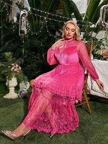 Glamaker Hơn Lưới tương phản Tay áo lồng đèn Xù Hoa Sen Đầm - Màu Hồng Tươi - Xem 6