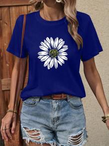 SHEIN LUNE Camiseta con estampado floral de cuello redondo - azul real - Ver 5