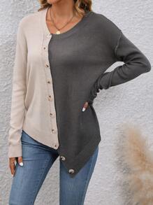SHEIN LUNE Two Tone Button Front Asymmetrical Hem Cardigan - Multicolor - View 1