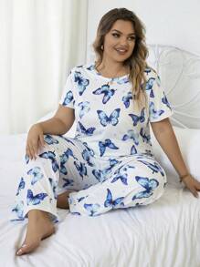 大碼滿版蝴蝶圖案睡衣套裝 - 白色 - 查看 2
