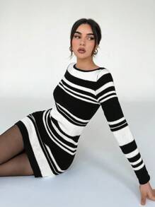 SHEIN Essnce Striped Pattern Bodycon Sweater Dress - Black and White - View 4