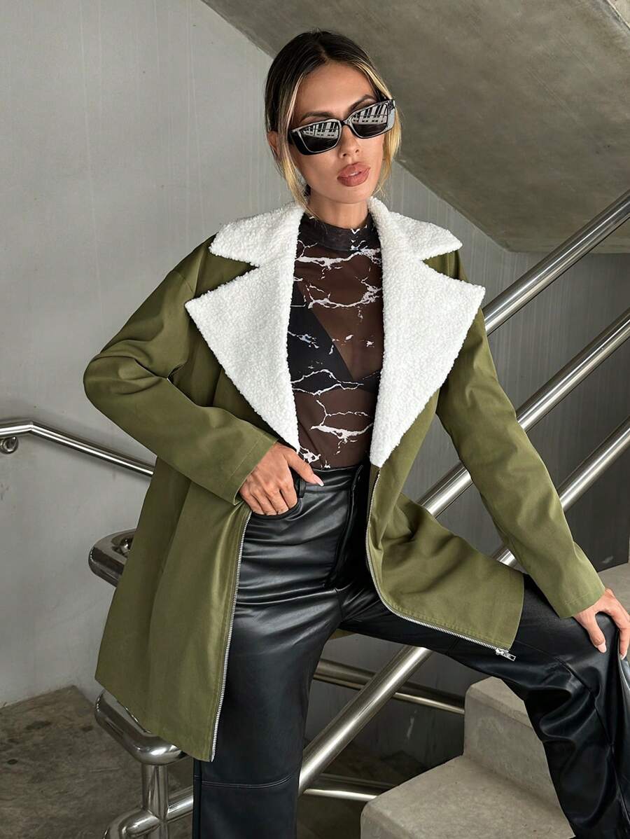 SHEIN Essnce 西裝領毛絨內襯拉鏈開襟外套