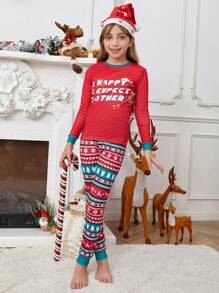 少女聖誕印花對比邊條圓領t恤＆長褲緊身睡衣套裝1件 - 紅色 - 查看 1