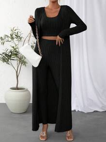 SHEIN Essnce Solid Crop Tank Top & Leggings & Coat - Black - View 5