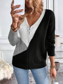 SHEIN LUNE Cárdigan de color combinado de hombros caídos con aro O cremallera - Multicolor - Ver 1