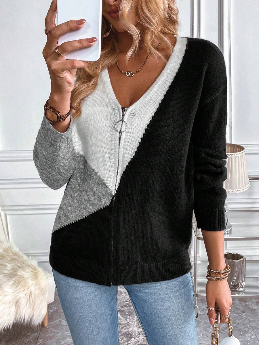 SHEIN LUNE Cárdigan de color combinado de hombros caídos con aro O cremallera - Multicolor - Ver 1