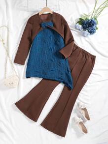 SHEIN Cô gái Tween Áo ba lỗ & Quần ống loe & Nơ mặt trước Top Cây trồng - Nhiều màu - Xem 7