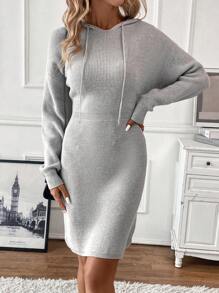 SHEIN Clasi Drop Shoulder Drawstring Hooded Bodycon Sweater Dress - Grey - View 6