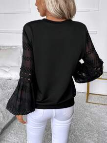 SHEIN Clasi 蕾絲拼接燈籠袖運動衫 - 黑色 - 查看 2