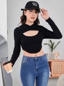 Teen Girl Cut Out Front Hooded Crop Tee - Black - View 1