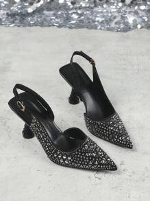 DAZY 2025秋冬季透明水晶装饰尖头方跟高跟凉鞋，女士春夏新款露跟闭趾踝带鞋，优雅，女士高跟鞋，高贵典雅，派对装扮 - 黑色 - 查看 6