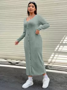 SHEIN EZwear Plus Button Through Ribbed Knit Dress - Mint Green - View 4