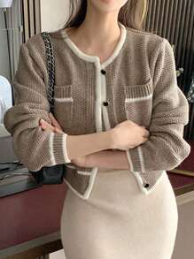 DAZY 女士休闲拼色装饰开衫，商务休闲，秋冬，长袖上衣，秋季女装夹克 - 棕色 - 查看 5