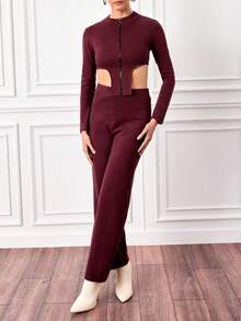 EURMUSE Wine Red Two-Piece Set With Asymmetric Hem High Neck Long Sleeved Top And Straight Pants - Burgundy - View 3