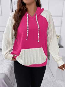 SHEIN LUNE Plus Size Two Tone Raglan Sleeve Drawstring Sweatshirt - Hot Pink - View 5