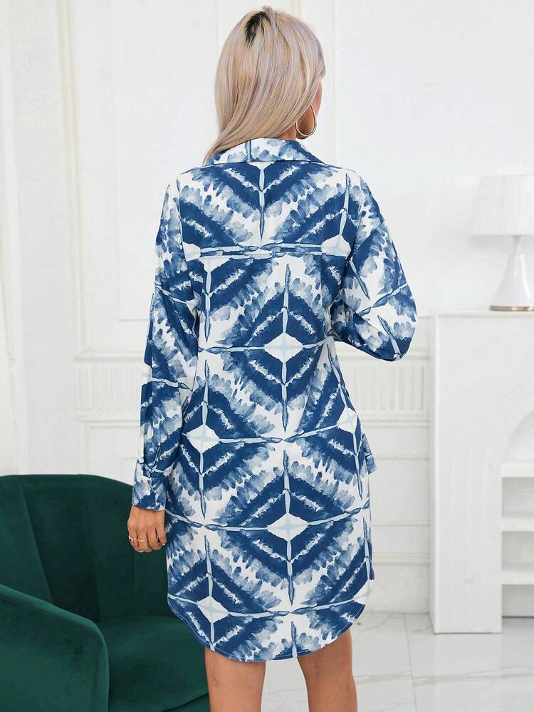 Allover Print Knot Front Shirt Dress Fall Cloth For Women