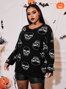 SHEIN EZwear Plus Skull Pattern Drop Shoulder Distressed Sweater