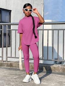 SHEIN Tween Girl Drop Shoulder Split Hem Hooded Tee & Leggings - Purple - View 3