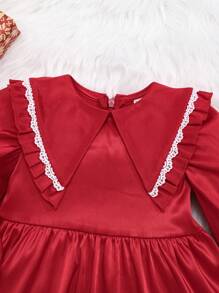 SHEIN Baby Girl Contrast Lace Trim Statement Collar Lantern Sleeve Dress - Red - View 4