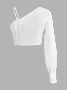 SHEIN Unity Blusa corta asimétrica de hombro con botones al frente, blusas de manga larga
