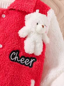 SHEIN Young Girl Letter Patched Striped Trim Teddy Jacket Without Sweater - Multicolor - View 4