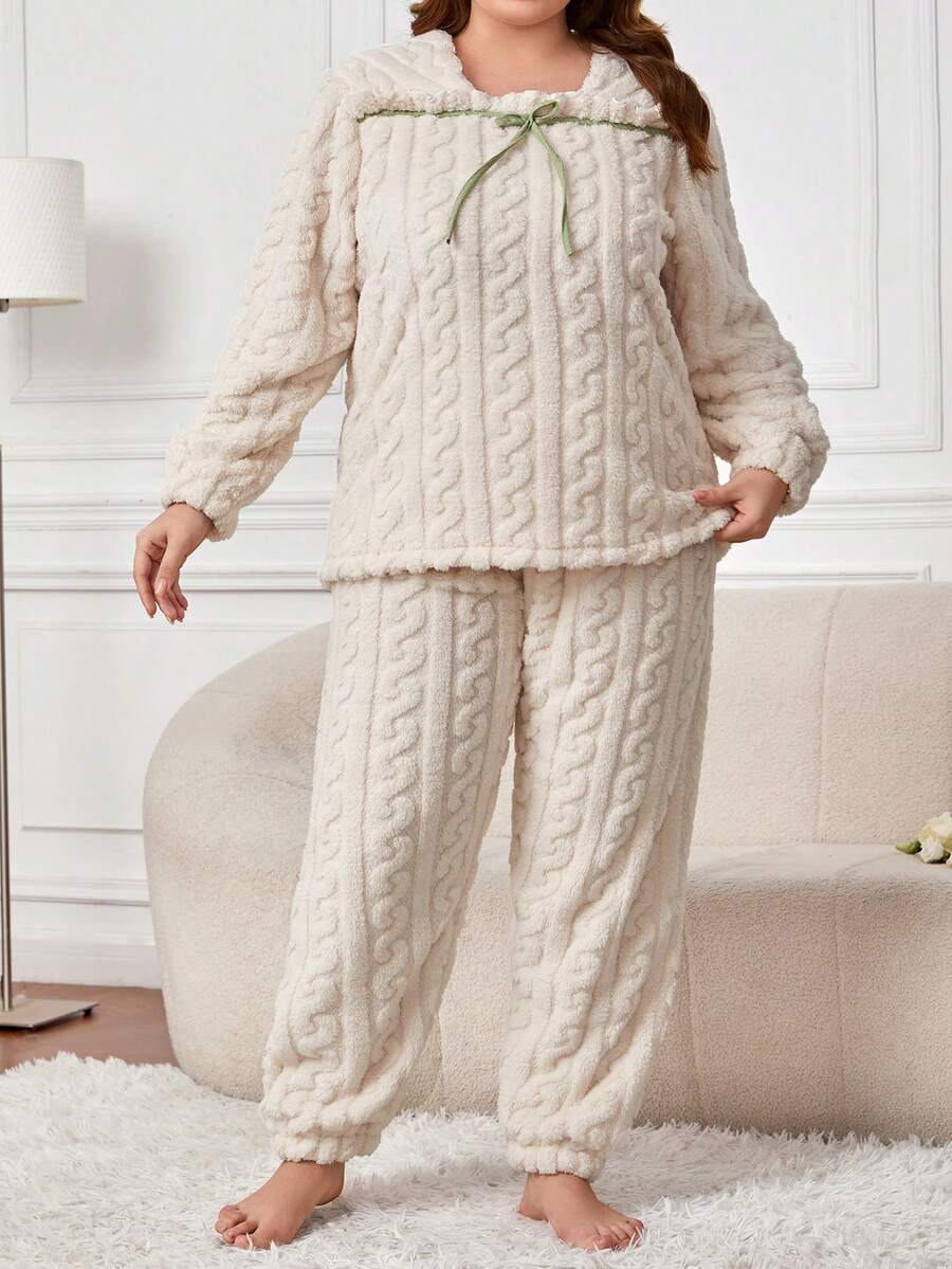 Plus Bow Front Flannel PJ Set / Pajama Set - Màu be - Xem 1