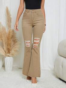 SHEIN LUNE Jeans de pierna amplia desgarro - Caqui - Ver 3