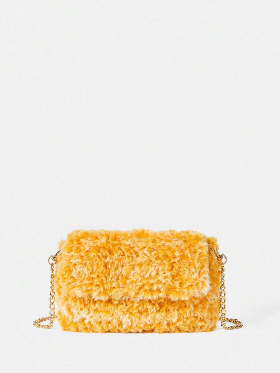 SHEIN VCAY Schultertasche Kontrast Farbe Plüsch Klappe, Quadrat, mit Modisch Kette, Gurt,