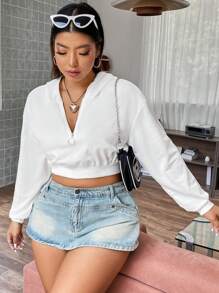 Flirla 加大码半拉链落肩短款卫衣 - 白色 - 查看 5