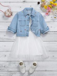Young Girl 1pc Floral Embroidery Denim Jacket - Light Wash - View 1
