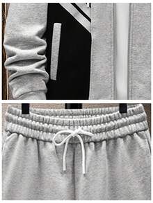 Men Letter Graphic Zip Up Drawstring Hoodie & Sweatpants Without Tee - Grey - View 4