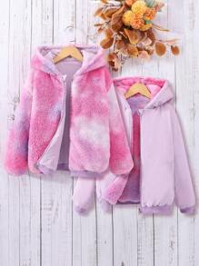 SHEIN Tween Girl 1pc Tie Dye Hooded Reversible Jacket - Purple - View 1