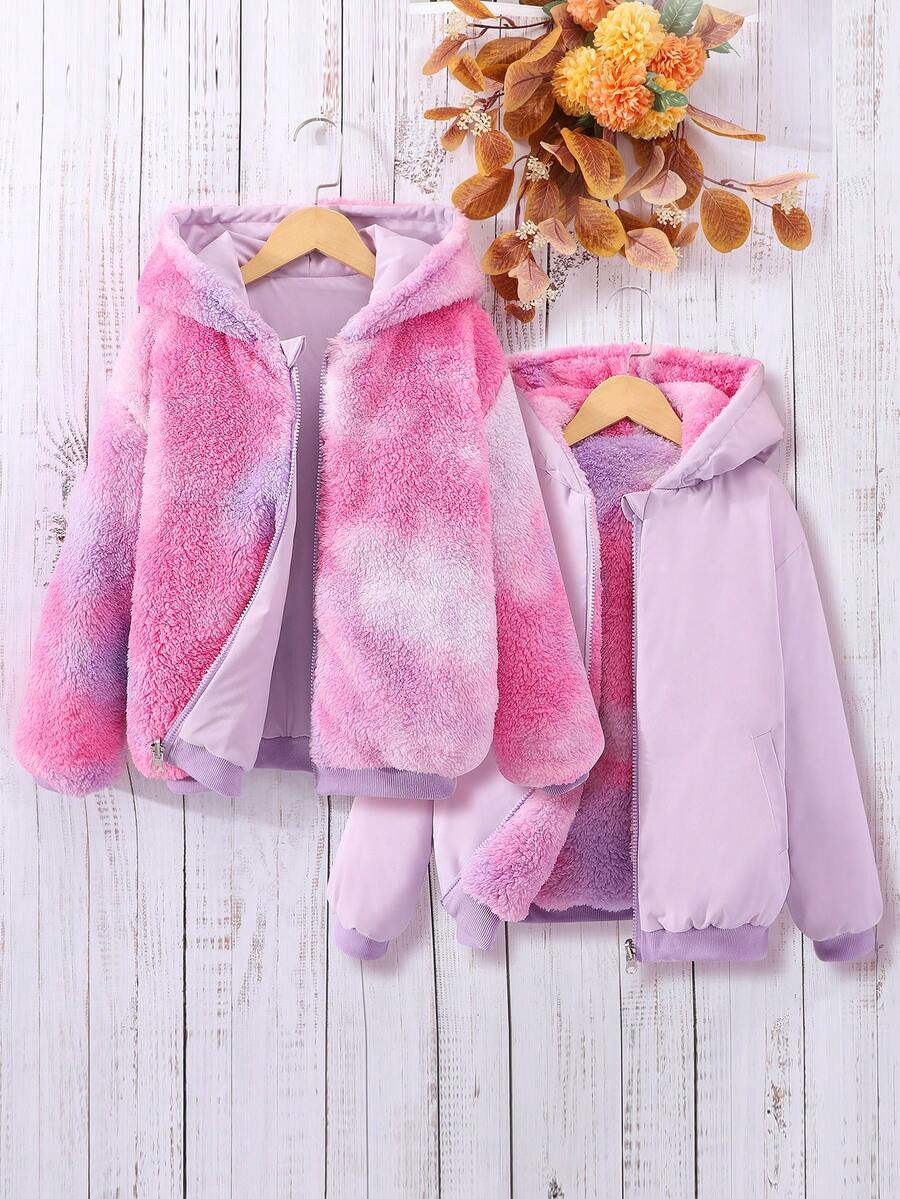 SHEIN Tween Girl 1pc Tie Dye Hooded Reversible Jacket - Purple - View 1