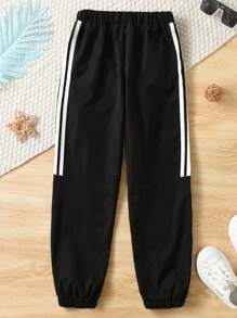 SHEIN Tween Boys' Casual Sports Jogger Pants With Double White Side Stripes And Tapered Legs