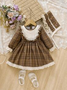 Baby Girl Plaid Print Ruffle Trim Flounce Sleeve Dress - Brown - View 1