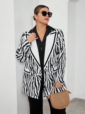 SHEIN Privé Plus Zebra Striped Print Lapel Neck Blazer