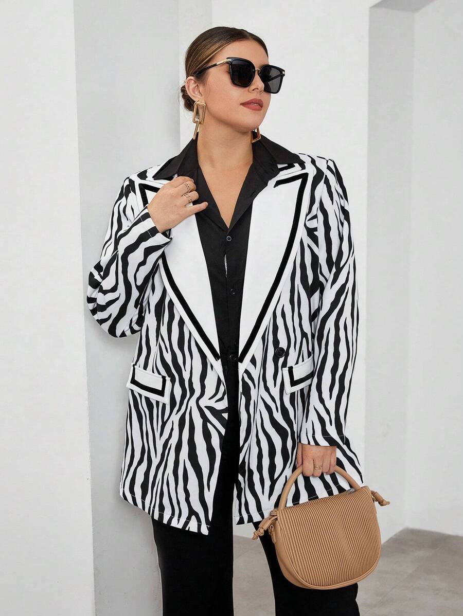 SHEIN Privé Plus Zebra Striped Print Lapel Neck Blazer - Black and White - View 1