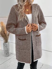 SHEIN LUNE Contrast Trim Dual Pocket Hooded Duster Cardigan - Brown - View 3