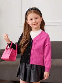 SHEIN 女小童1入組雙色麻花編織落肩袖開襟衫 - 彩色 - 查看 6