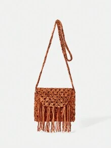 SHEIN VCAY 拼接顏色編織翻蓋單肩包帶流蘇裝飾用品,時尚和完美適用於假期 - 彩色 - 查看 1