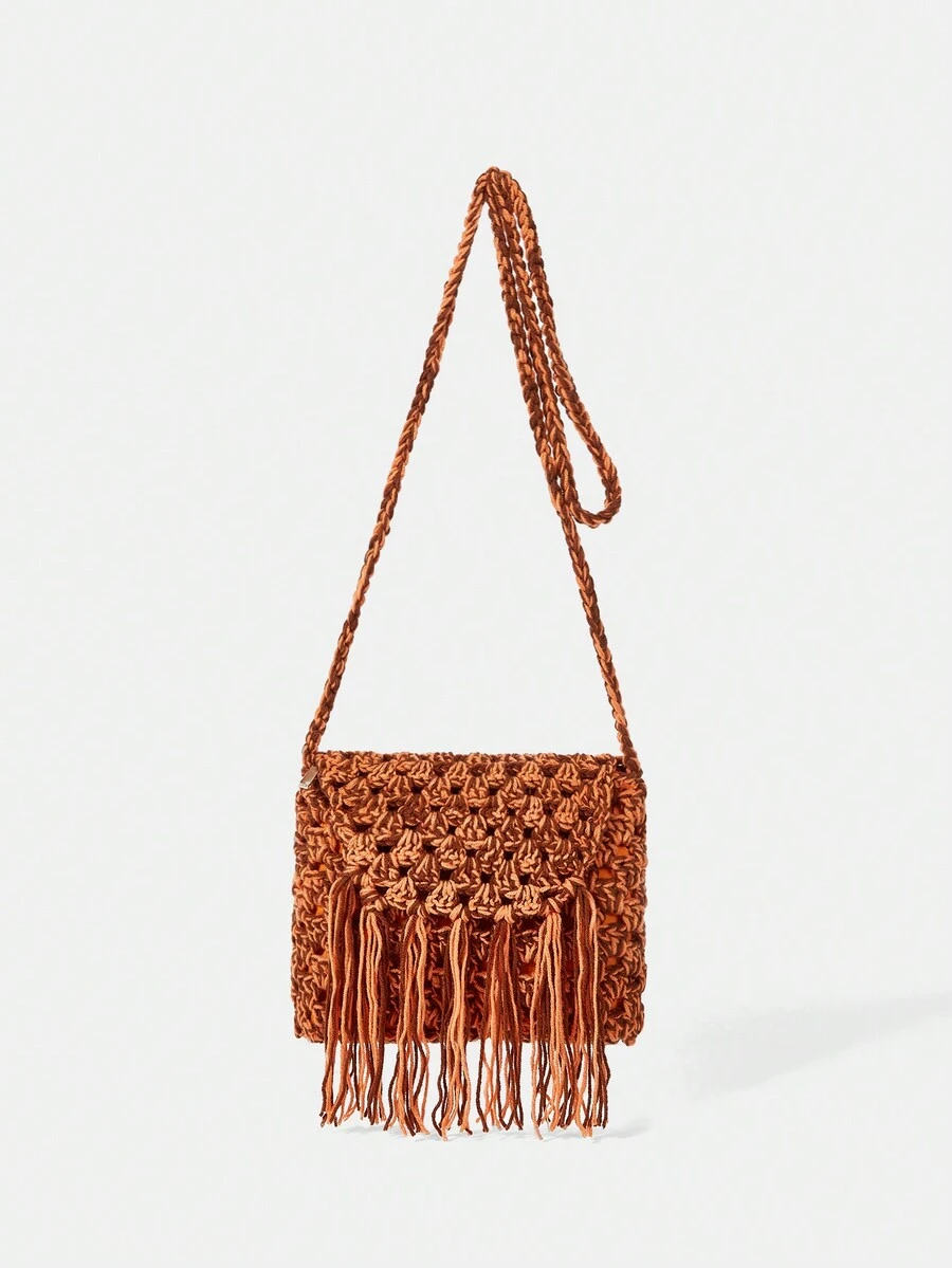 SHEIN VCAY 拼接顏色編織翻蓋單肩包帶流蘇裝飾用品,時尚和完美適用於假期 - 彩色 - 查看 1