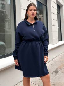 RueChic Plus Half Zip Drop Shoulder Dress - Navy Blue - View 5